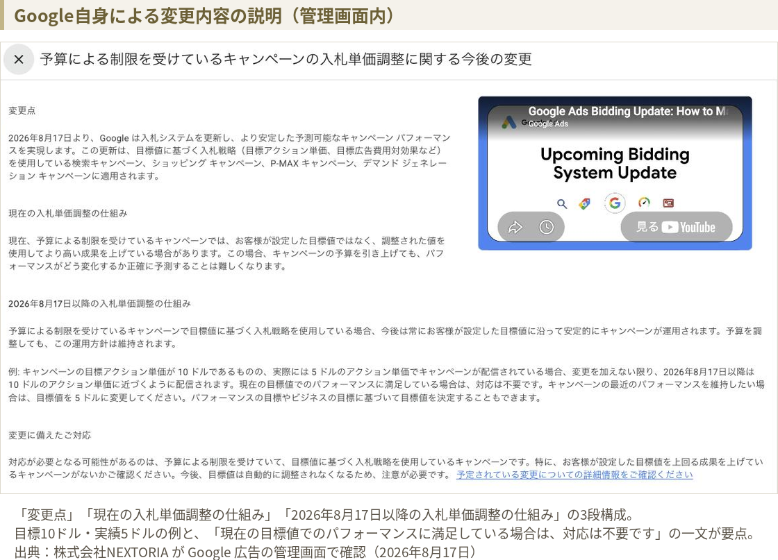 Google広告の管理画面内に表示される変更内容の説明パネル。変更点、現在の入札単価調整の仕組み、2026年8月17日以降の入札単価調整の仕組みの3段構成で、目標アクション単価10ドルに対し実際は5ドルで配信されている場合の例が書かれている