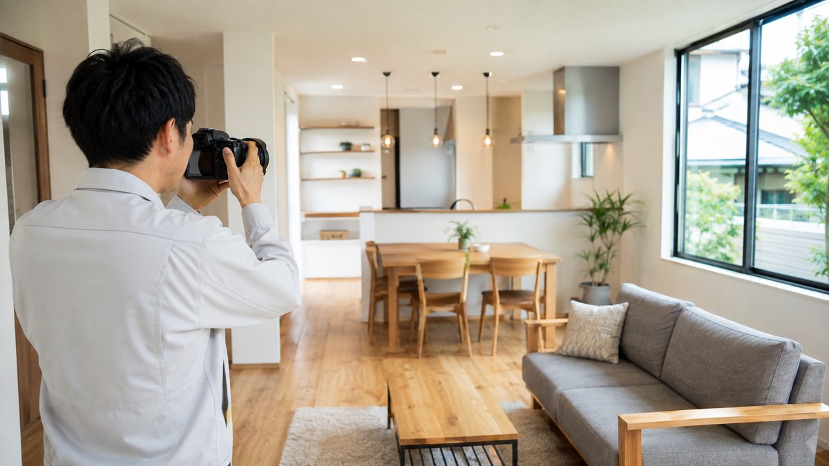 リフォーム完了後の住宅の室内を、スタッフがカメラで撮影している様子