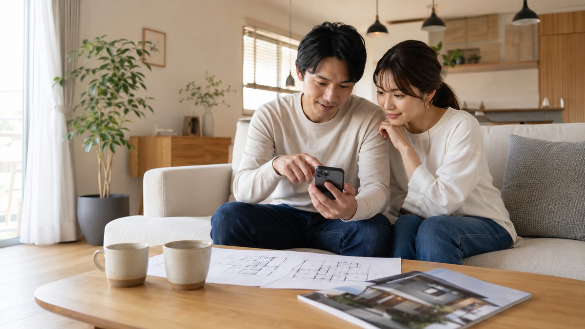 自宅のリビングでスマートフォンを見ながら家づくりについて調べている30代の夫婦