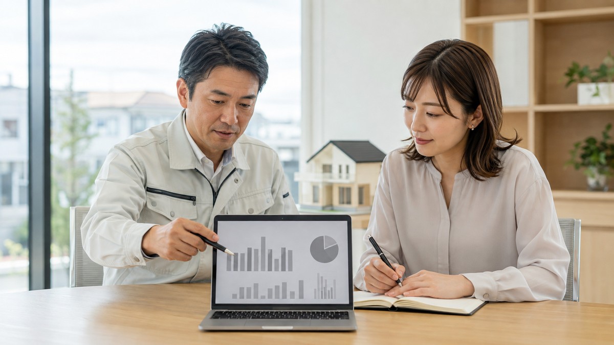 工務店の事務所で、ノートパソコンの広告レポートを見ながら数字を確認している40代の男性社員と30代の女性社員