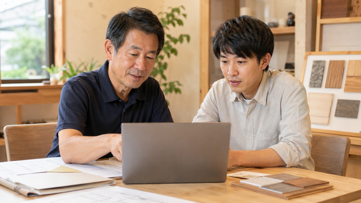 リフォーム会社の事務所で、経営者と若手スタッフがノートパソコンを見ながら業務の進め方を話し合っている様子