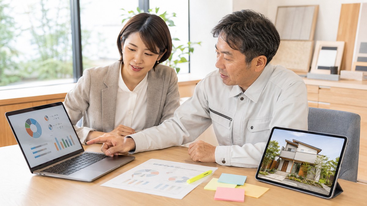 明るい住宅会社のオフィスで、担当者2名がノートパソコンのグラフを指しながらデータを確認している様子
