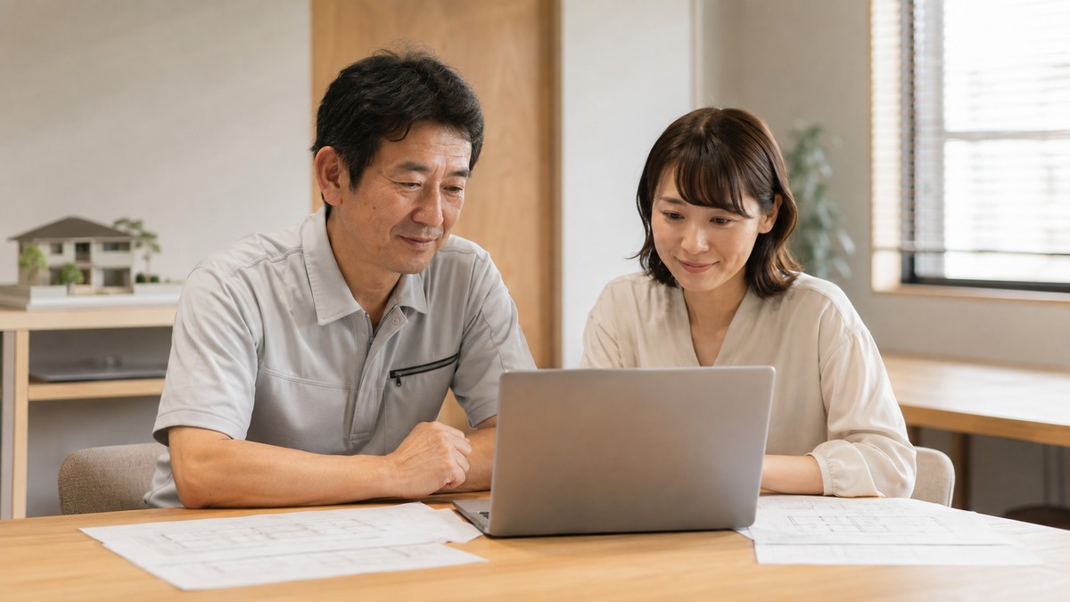 工務店の事務所でノートパソコンの検索結果画面を確認する担当者と経営者