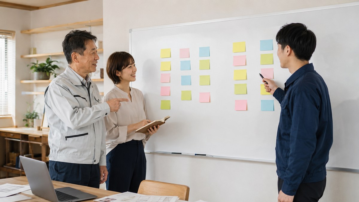 ホワイトボードの前で業務の棚卸しをするリフォーム会社のスタッフ3名