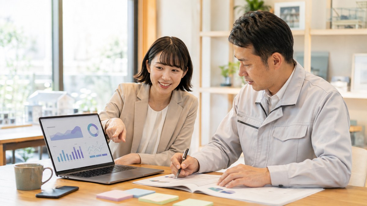 明るい住宅会社のオフィスで、担当者2名がノートパソコンのグラフを指しながら数字を確認している様子