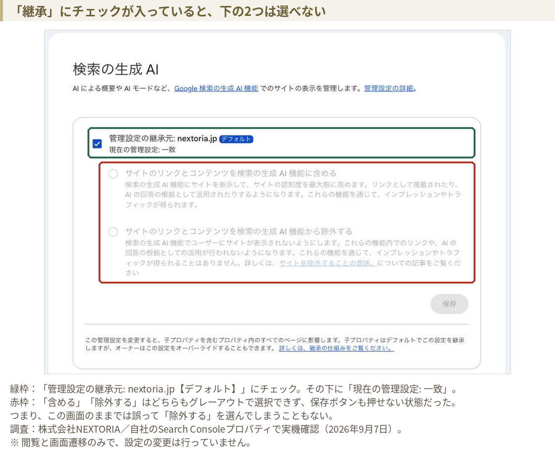 検索の生成AIの設定画面。管理設定の継承元にチェックが入り、含める・除外するのラジオボタンと保存ボタンがグレーアウトしている