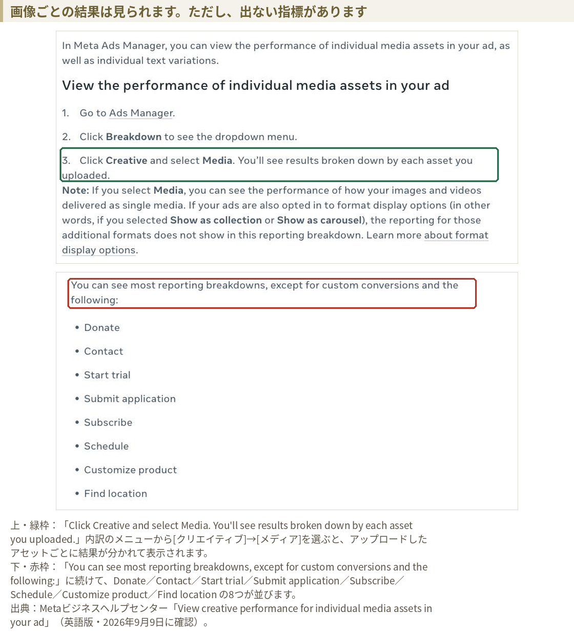 画像ごとのレポート手順と、内訳が出ないイベントの一覧